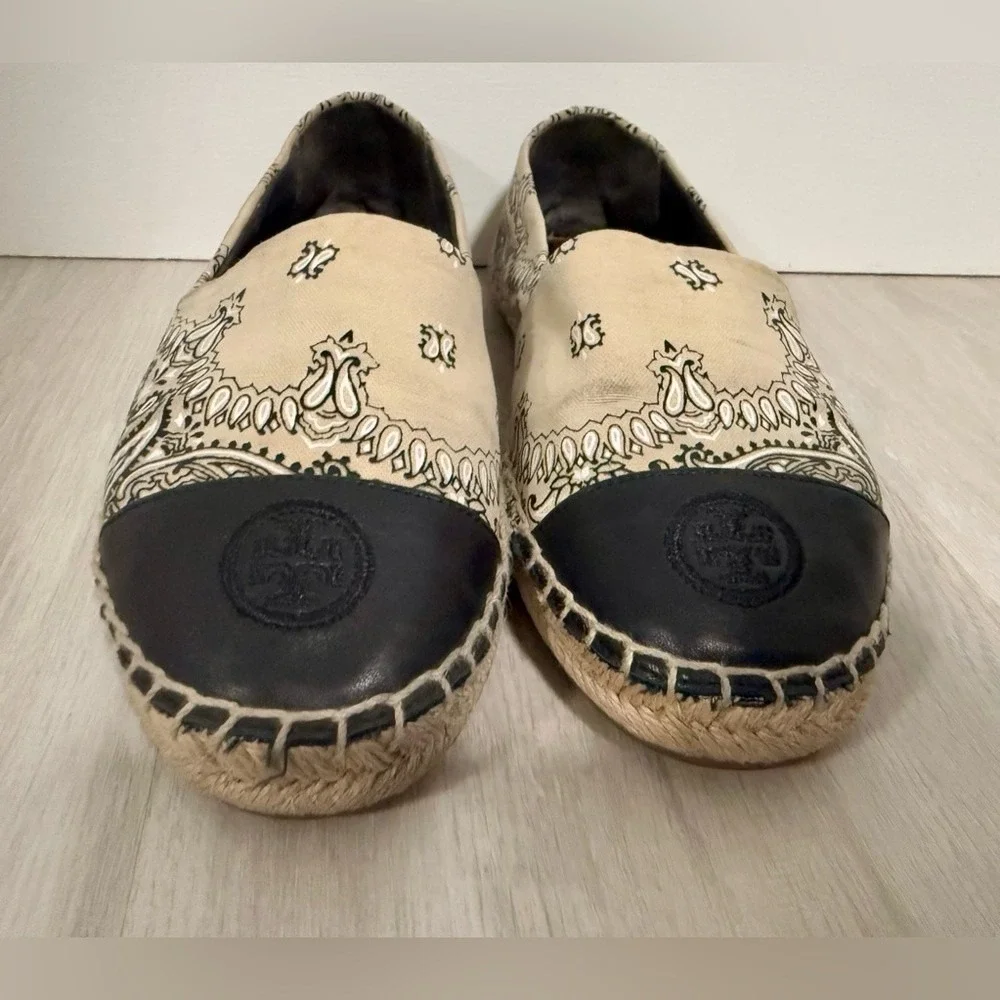Tory Burch Womens Bandana Print Leather Espadrille Flats Tan Black Size 7.5